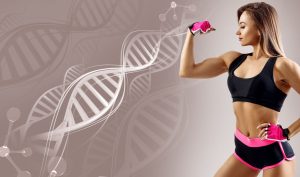 Athletic Fitness Woman Standing Among DNA Chains.