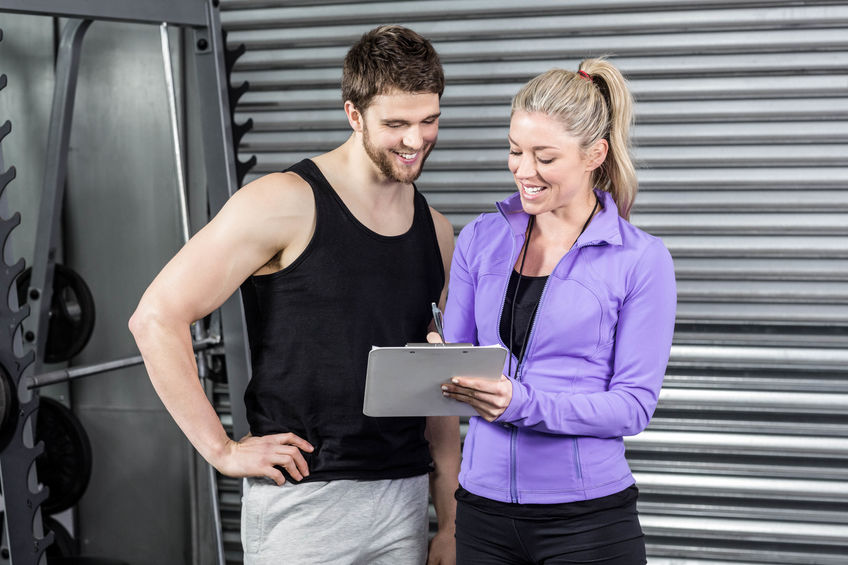 Fitness couple, high five and personal trainer with woman client